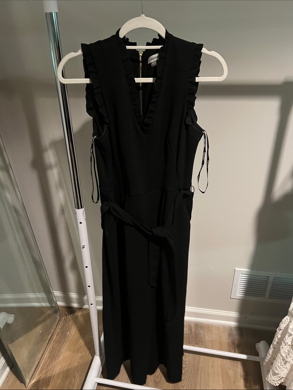 Calvin Klein Black Sleeveless V-Neck Ruffle Dress with Waist Tie
